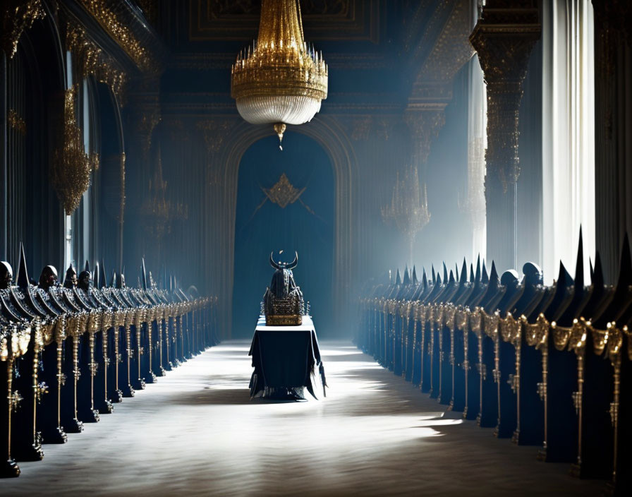 Ornate hall with chandeliers, spears, and helmet under sunlight