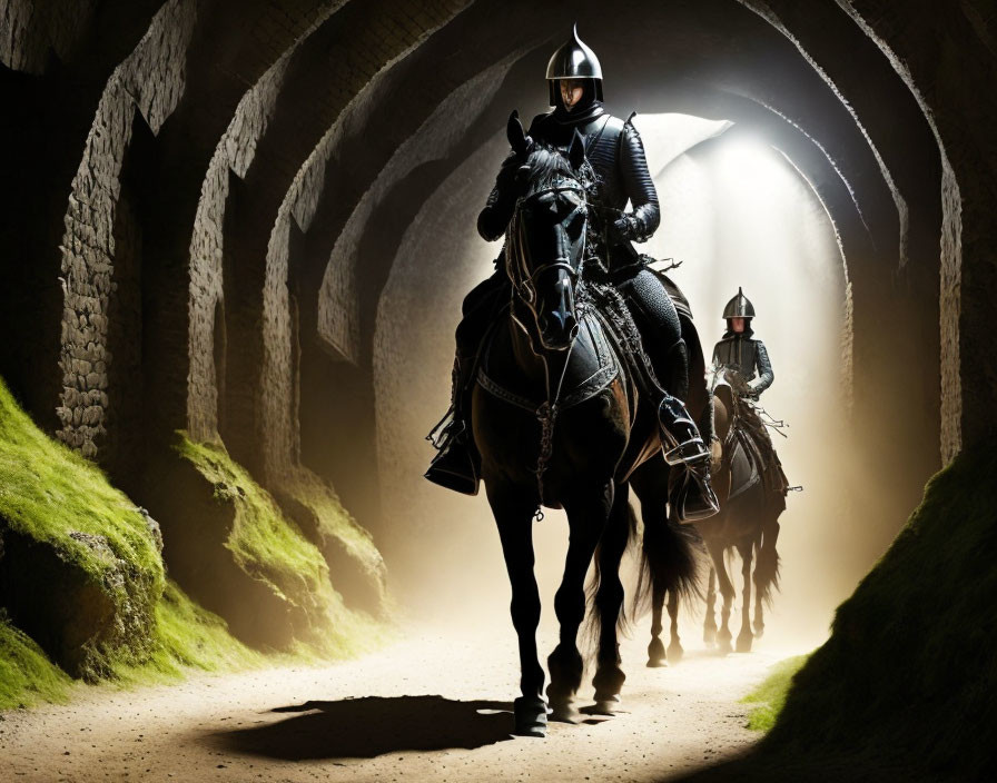 Medieval knights on horses in dimly lit moss-covered tunnel with sunlight.