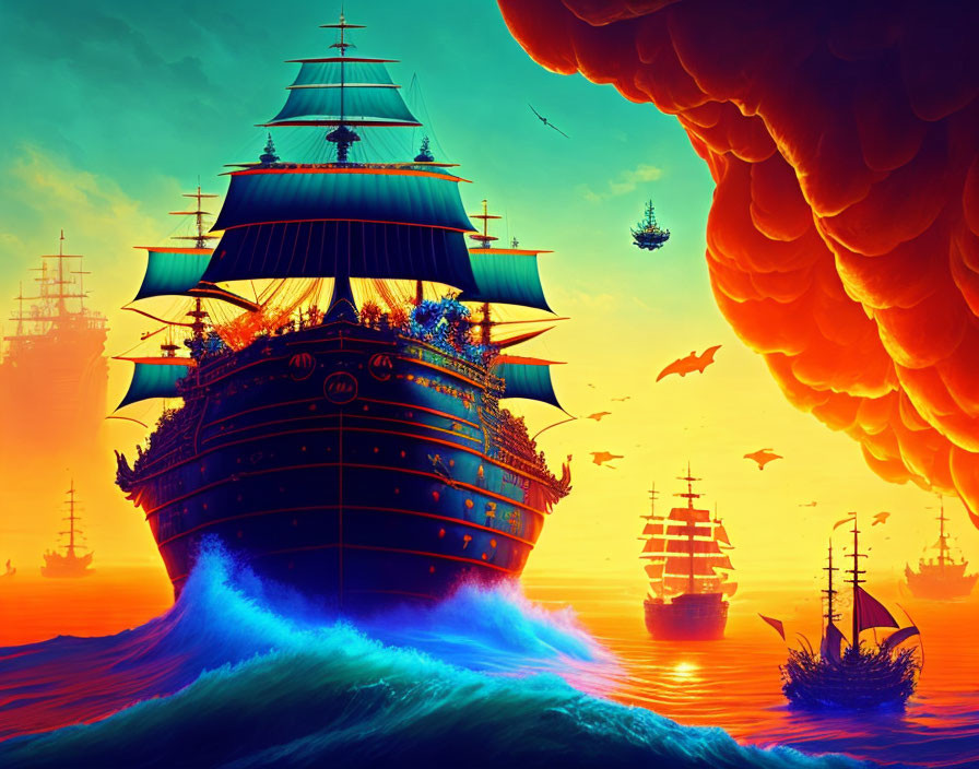 Colorful fleet of ships under dramatic orange sky with surreal waves