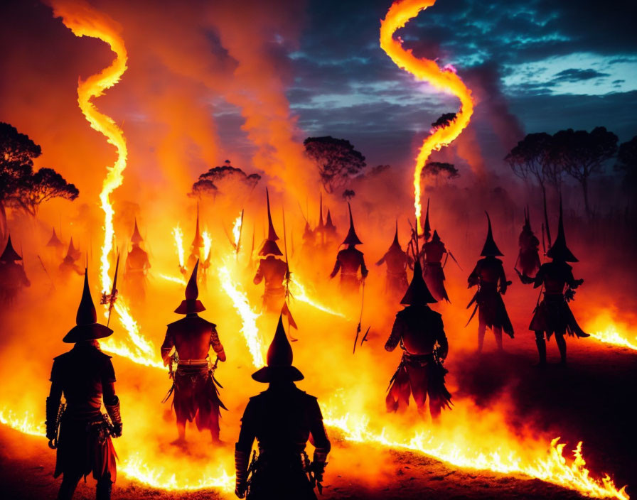 Mystical silhouettes in pointed hats under fiery twilight sky