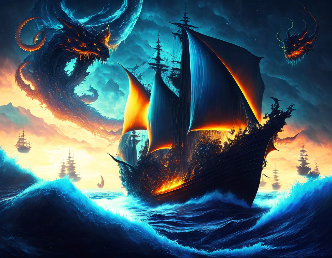 Fantasy scene: Ships sailing stormy seas with sea monsters under twilight sky