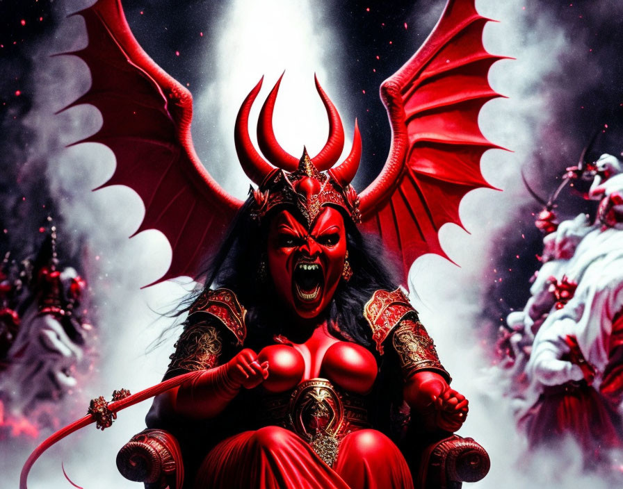 Red-skinned demon with horns and wings in dramatic setting.