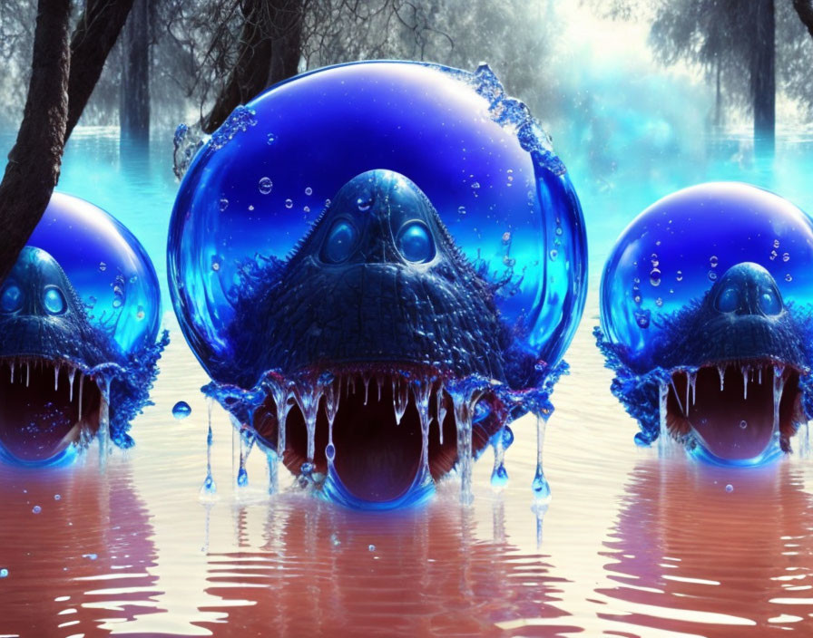 Blue orb-like creatures with sharp teeth over red water in misty forest