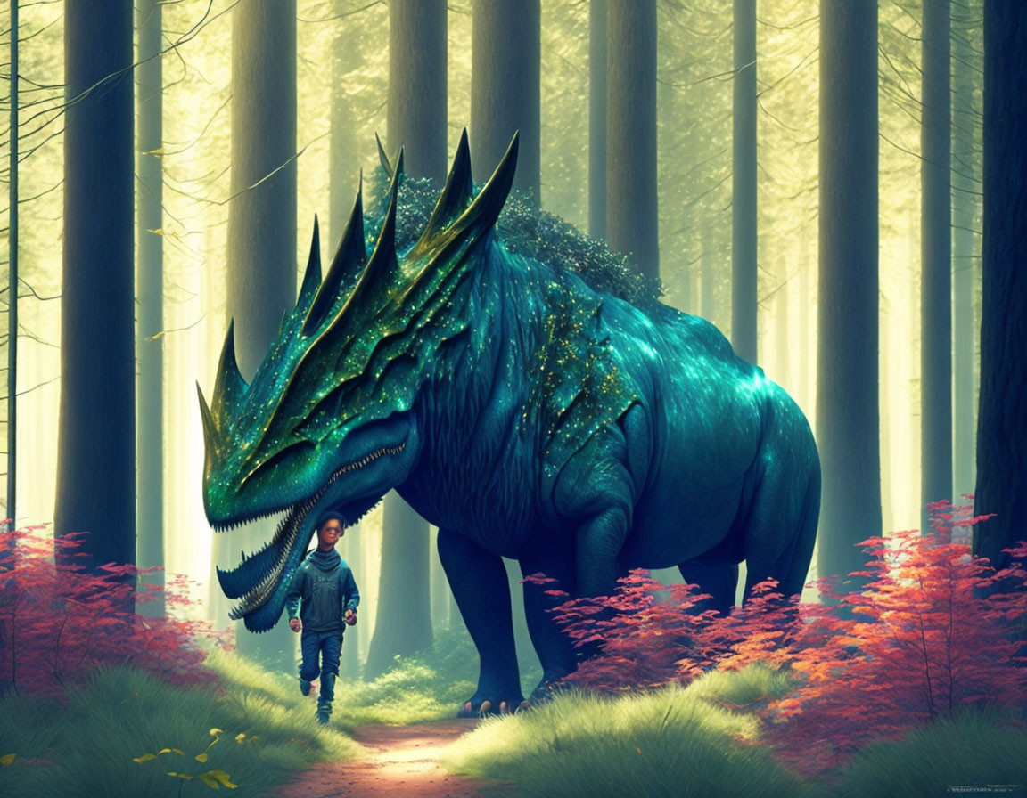 Child and blue dragon in fantastical forest with tall trees