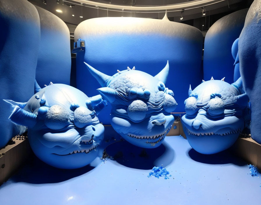 Blue fantasy fish sculptures with sharp teeth and horns in blue exhibition space