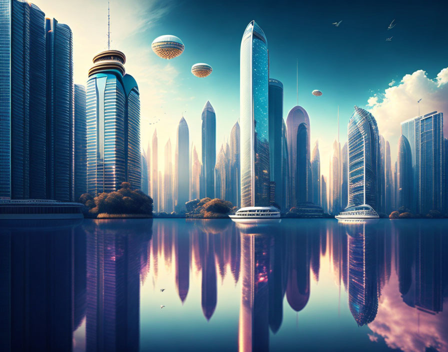 Futuristic cityscape with skyscrapers and flying vehicles at dusk