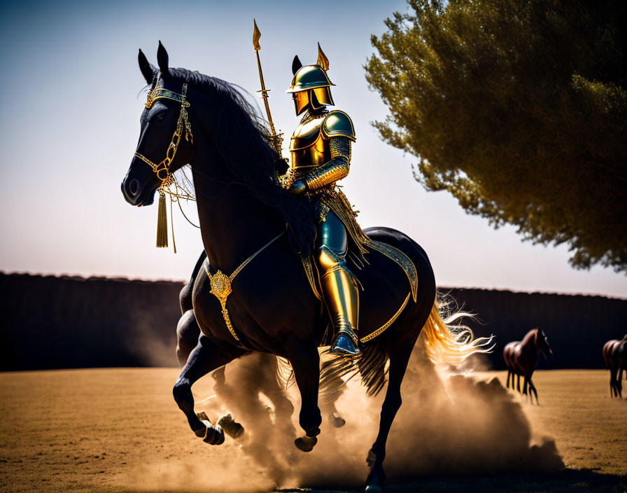 Knight on Black Horse Galloping with Dust and Other Horses