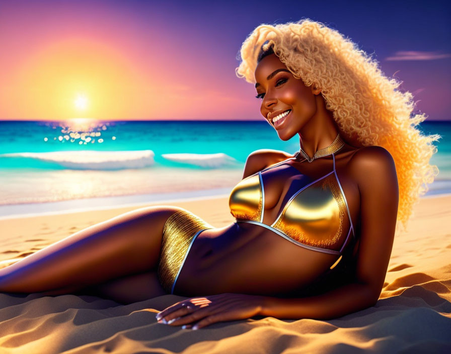 Smiling woman in gold bikini on sandy beach at sunset