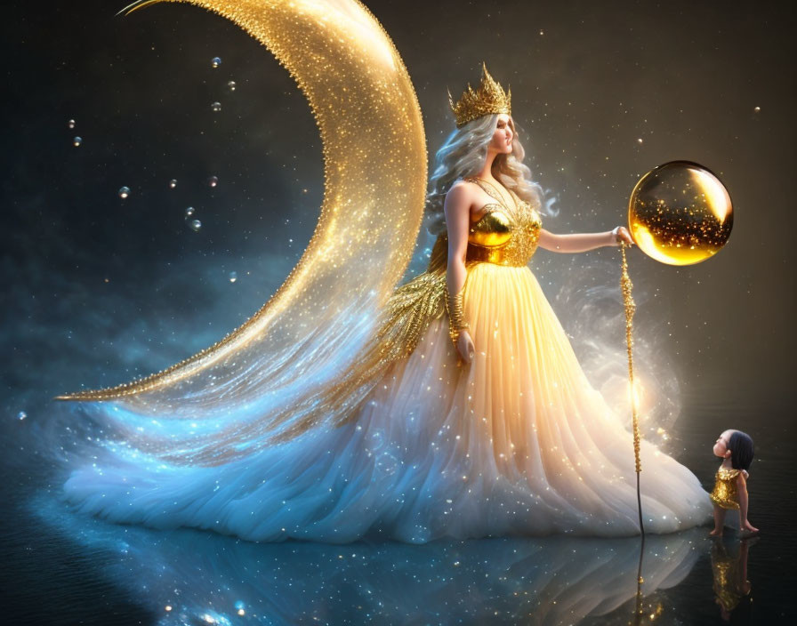 Regal queen in golden gown on crescent moon with child in awe