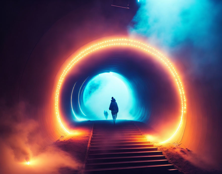 Person at Top of Stairs in Neon-Lit Tunnel with Blue Haze