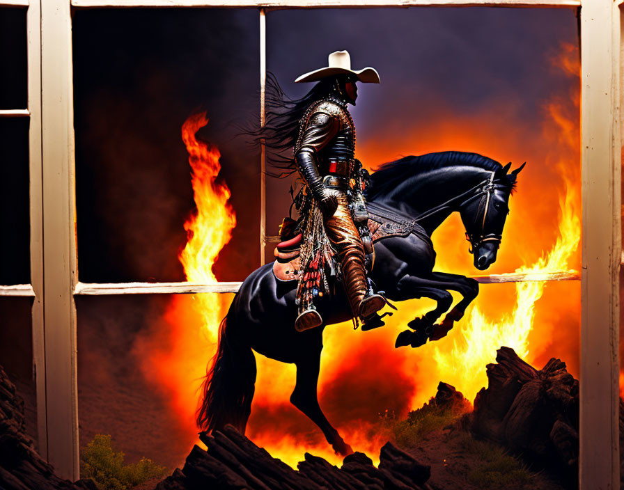 Ornate horse and rider leap through fiery landscape in dark skies