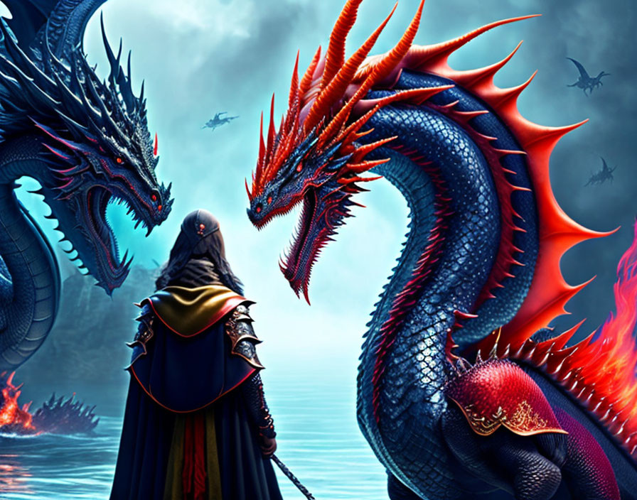 Cloaked Figure Confronts Dragons in Ominous Twilight