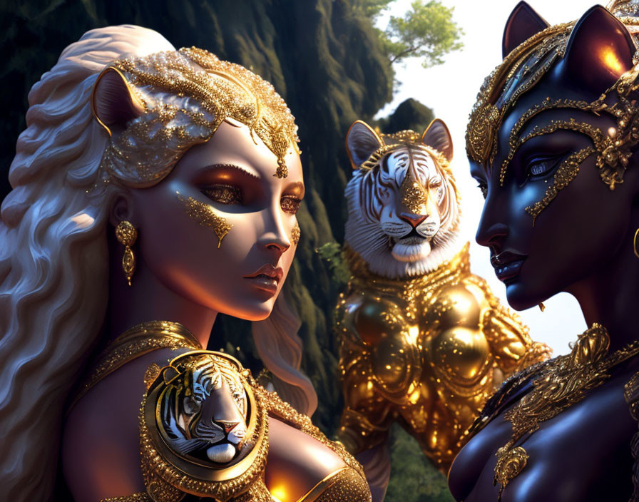 Anthropomorphic tiger figures in lush environment adorned with golden jewelry