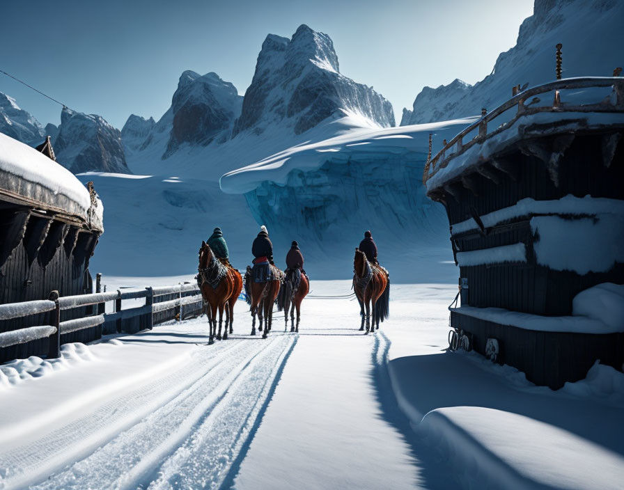 Four horseback riders on snowy path near wooden buildings and snow-covered mountains.