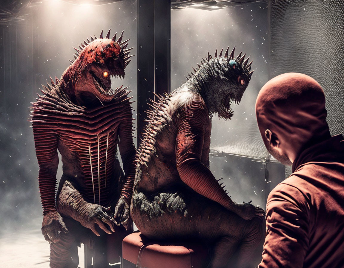 Monstrous creatures with spikes and scales talk to human in red outfit