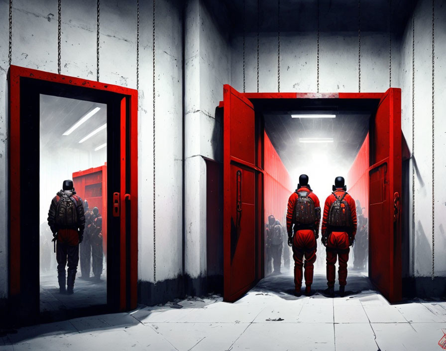 Three astronauts in red suits in stark corridor with open doors, leading to brightly lit room.