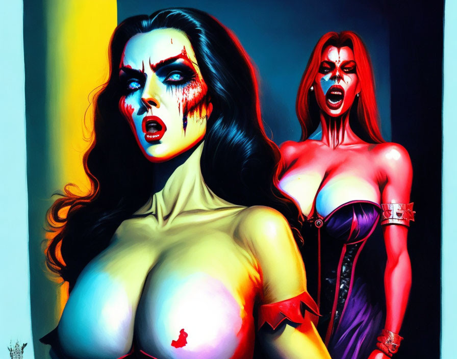 Stylized female figures with vampire-like features and vibrant colors