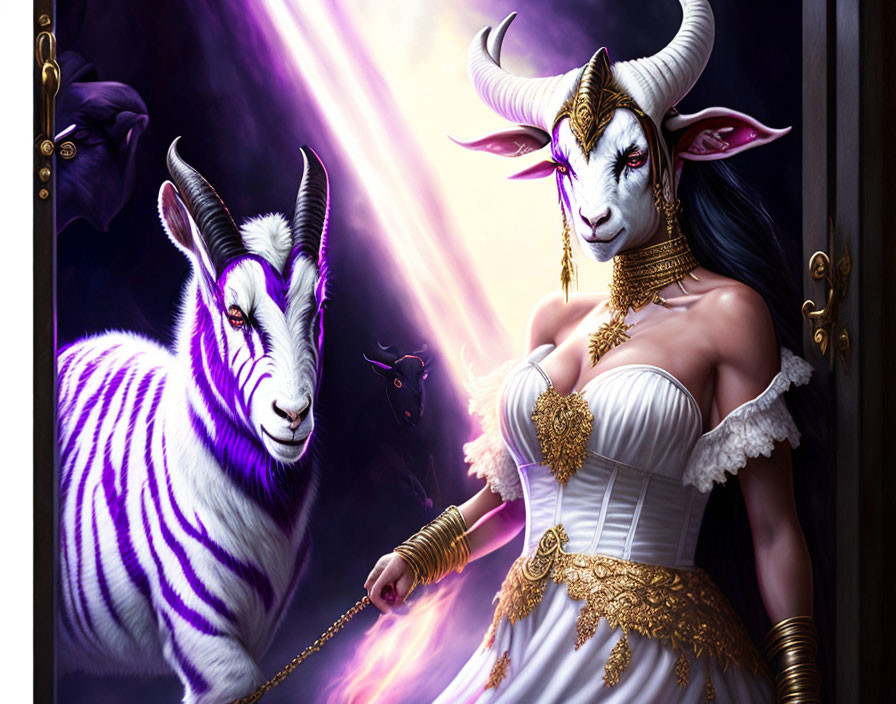 Woman with goat features holding chain next to goat in mysterious purple light