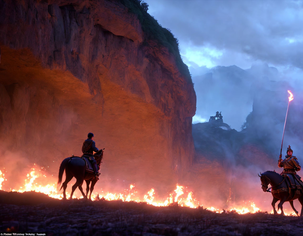 Armored riders on horseback in fiery landscape with dramatic sky