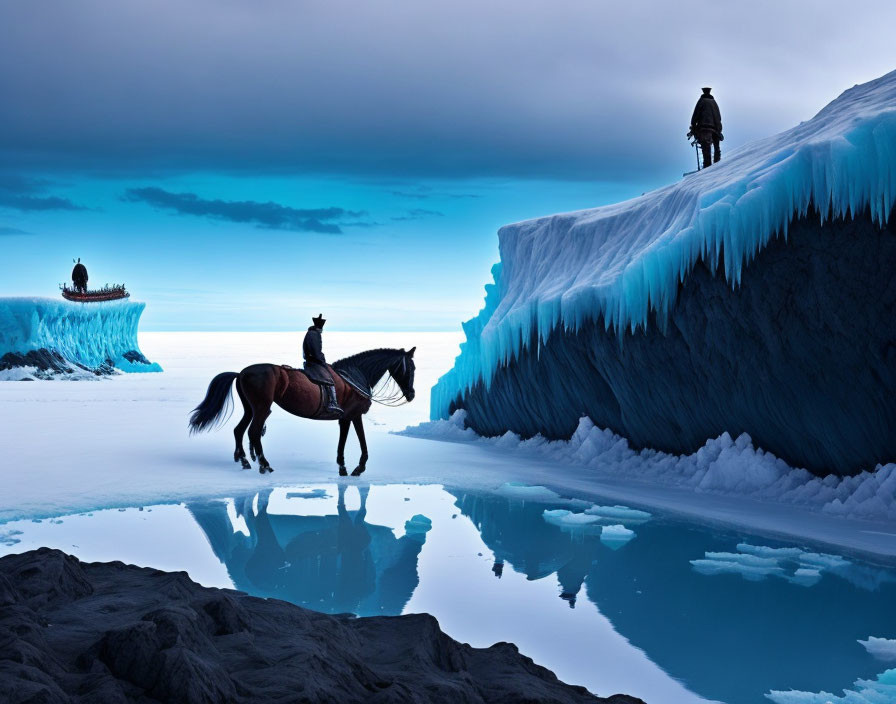 Horseback riders near vivid blue glacier and still water under overcast sky