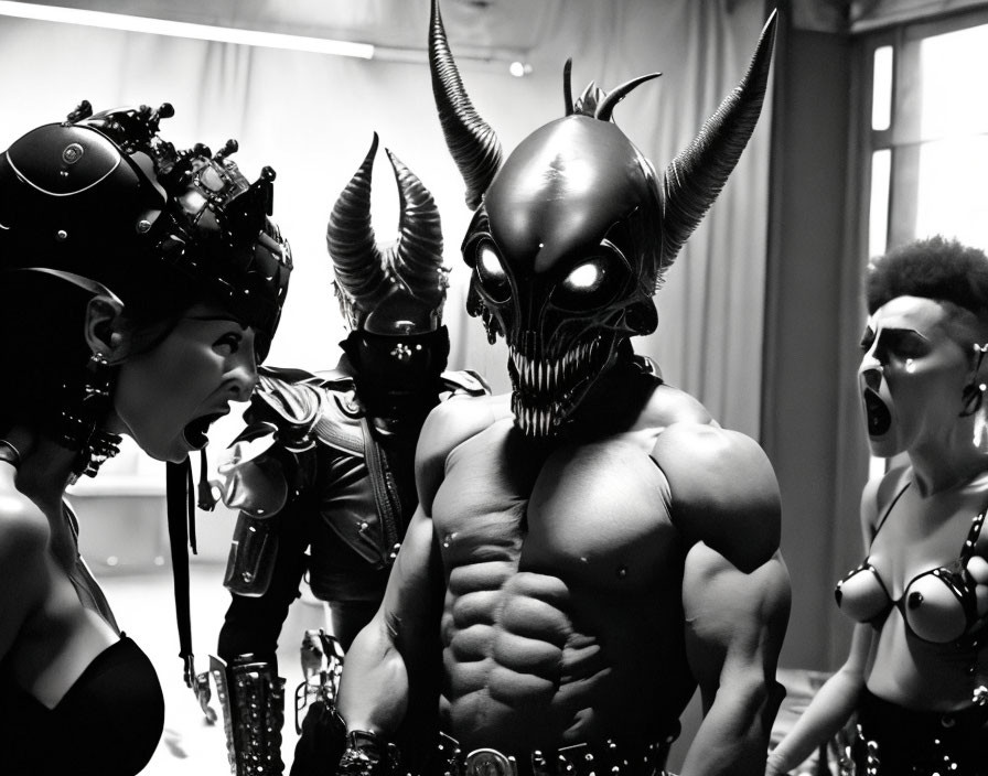 Three individuals in dramatic horned costumes and futuristic attire, embodying a dystopian or sci-fi concept