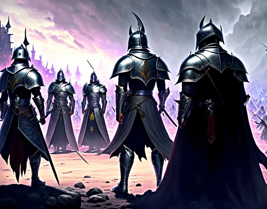 Five knights in ornate armor before a castle under a stormy sky