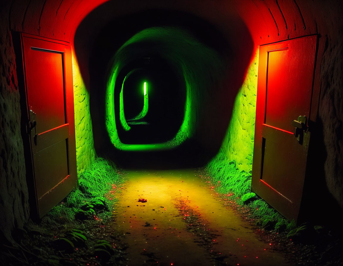 Dimly Lit Tunnel with Green and Red Lighting and Mysterious Atmosphere