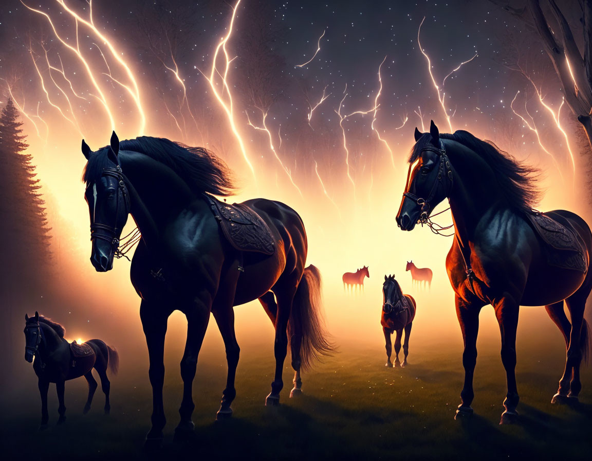 Majestic black horses with tack against lightning backdrop