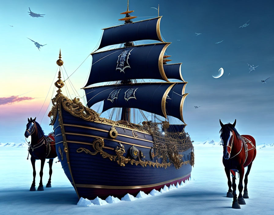 Majestic sailing ship with dark blue sails and golden ornaments on icy surface with brown horse and twilight