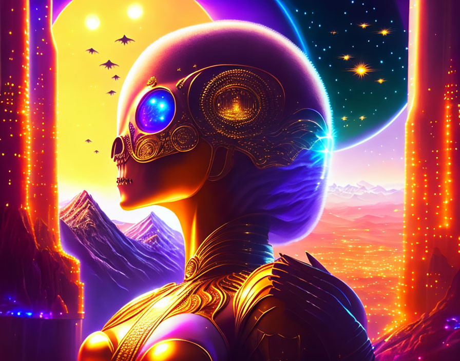 Detailed futuristic cyborg head under star-filled sky with mountains and glowing sunset.