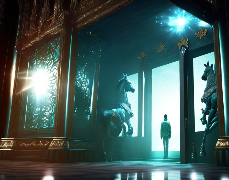 Person standing at ornate room entrance with horse statues and sunlight beam.