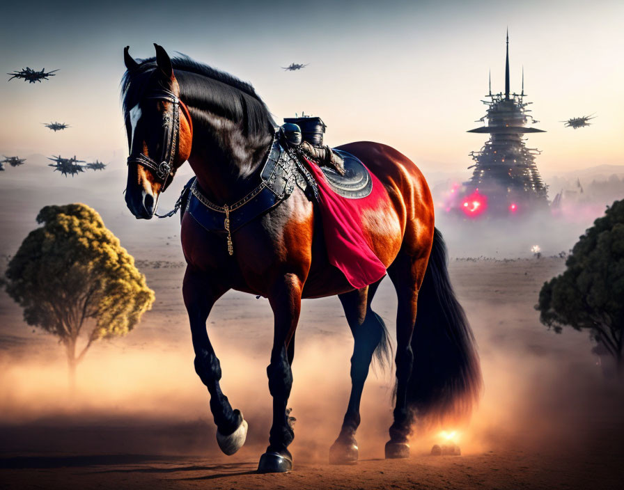 Majestic horse with decorative tack in futuristic landscape