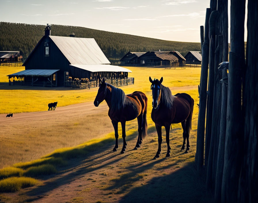 Two horses by wooden fence with barn in warm sunlight