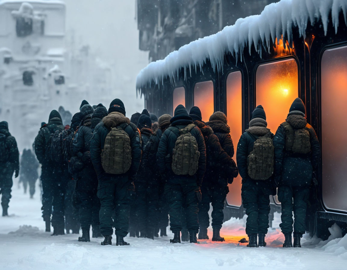 People in heavy winter clothing waiting near bus on snowy day