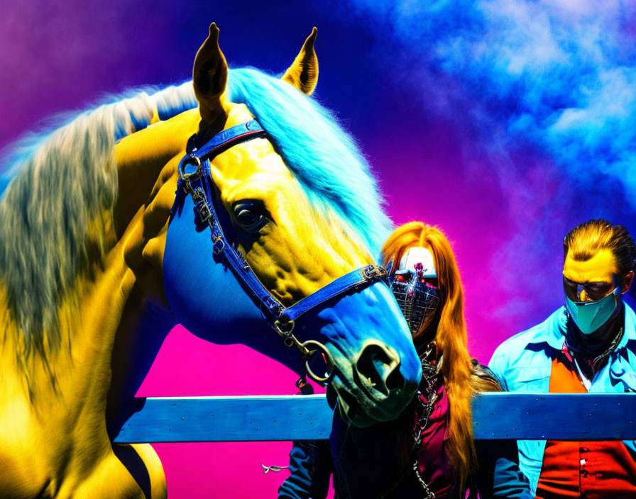 Colorful backdrop with horse, person in equine mask, and sunglasses wearer