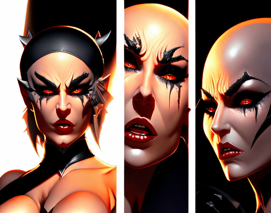 Three female character artworks with horns and intense gaze.