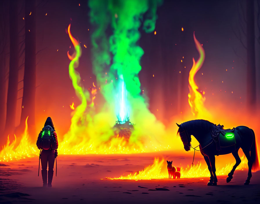 Traveler, dog, horse, and mystical green flame in fiery forest scene