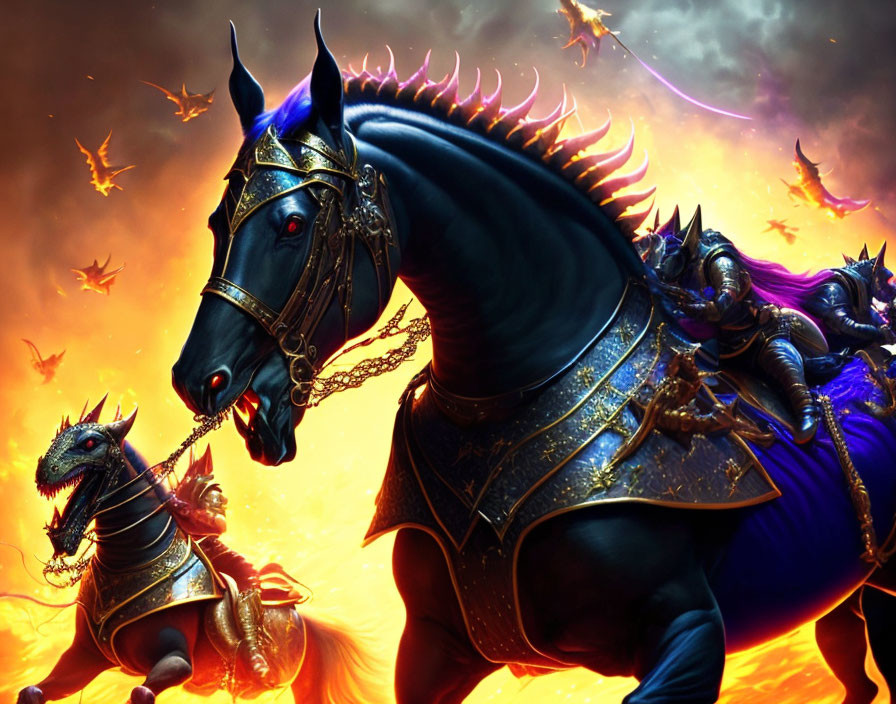 Blue-armored knight on black horse with fantasy creature under dramatic sky.