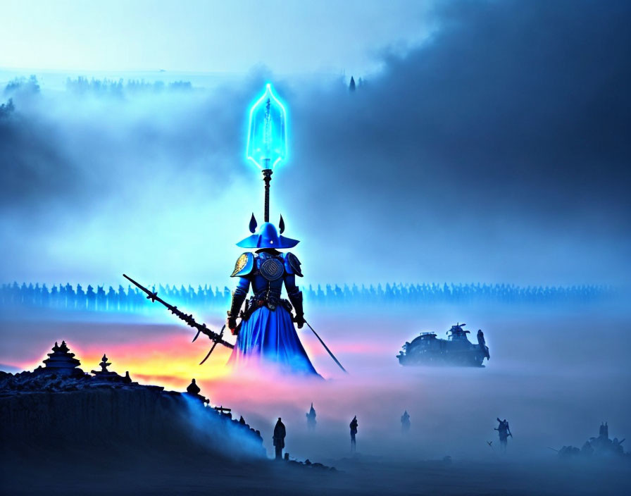 Knight in ornate armor with glowing blue lance faces army at misty dawn