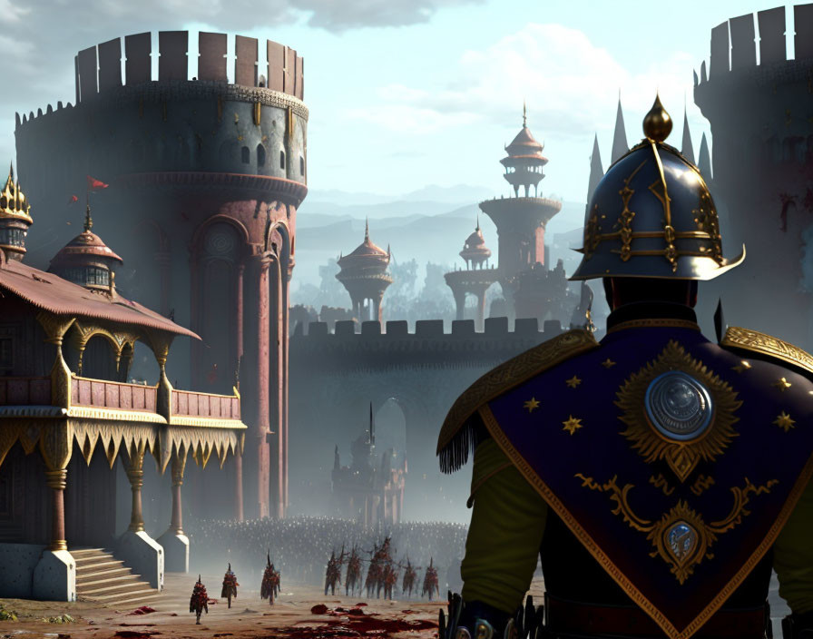 Knight in ornate armor gazes at medieval castle and army marching below