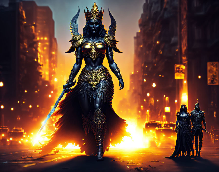 Three warriors in elaborate armor in fiery urban landscape.