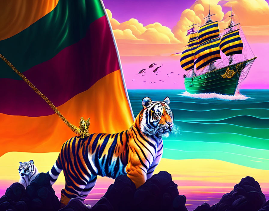 Colorful artwork: Striped tiger, flag, sailing ship, wavy seas, surreal sky