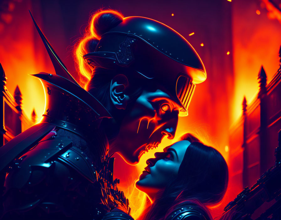 Futuristic soldier and woman in neon blue and red tones in dystopian setting