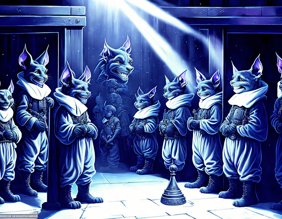 Anthropomorphic Cats in Medieval Attire in Dark Room