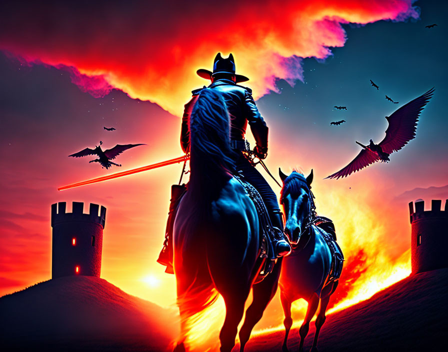 Silhouetted Figure on Horseback Against Red Sky with Castle and Flying Creatures