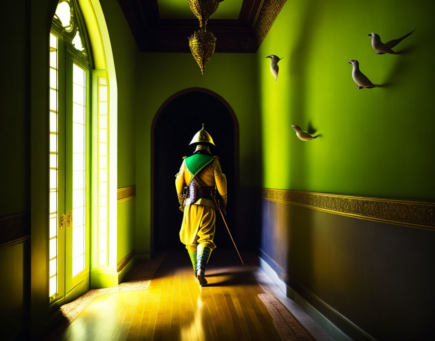 Medieval armor-clad person in sunlit corridor with green walls and flying birds