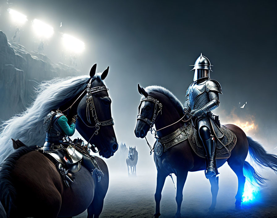 Armored knights on horses in misty cliff setting with dramatic lighting