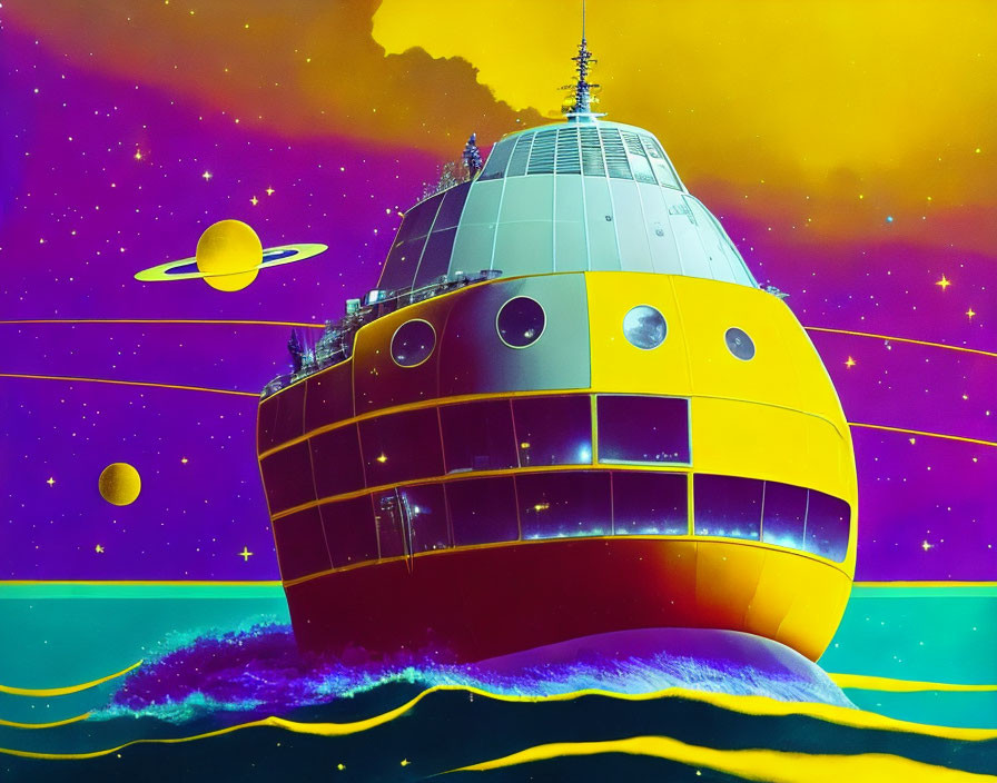 Colorful surreal space cruise ship with planets and stars.