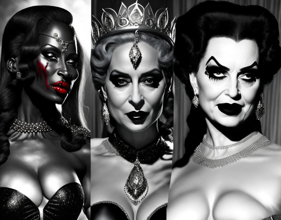 Monochromatic portraits of a woman in dramatic makeup and costumes