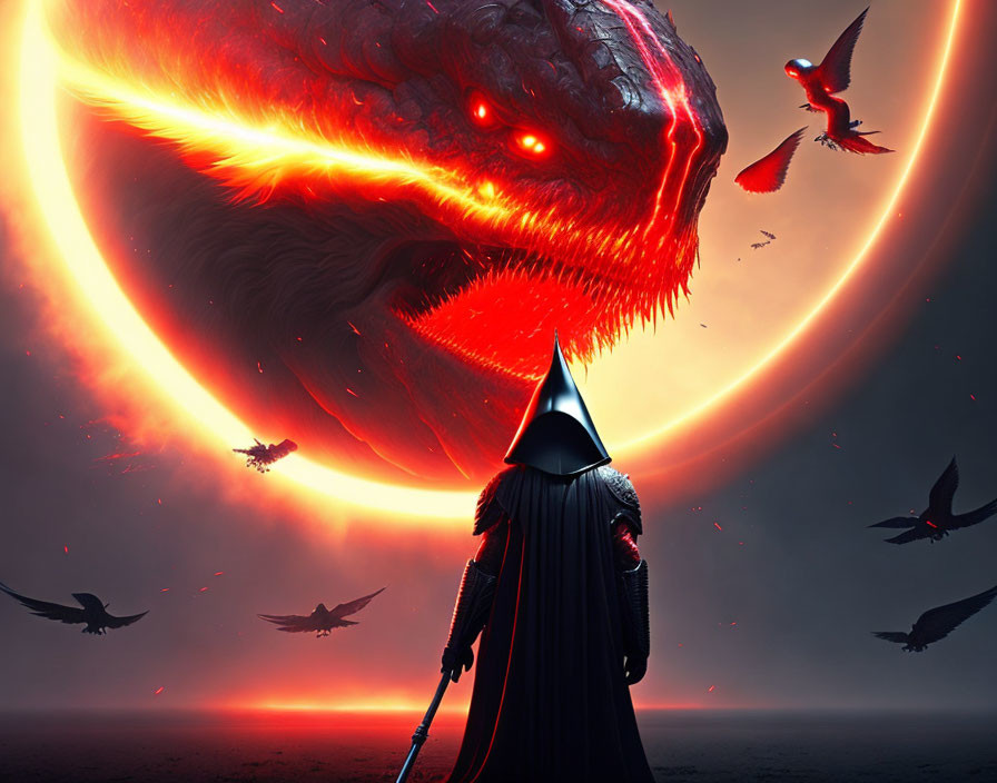 Cloaked figure confronts giant monster under red sky